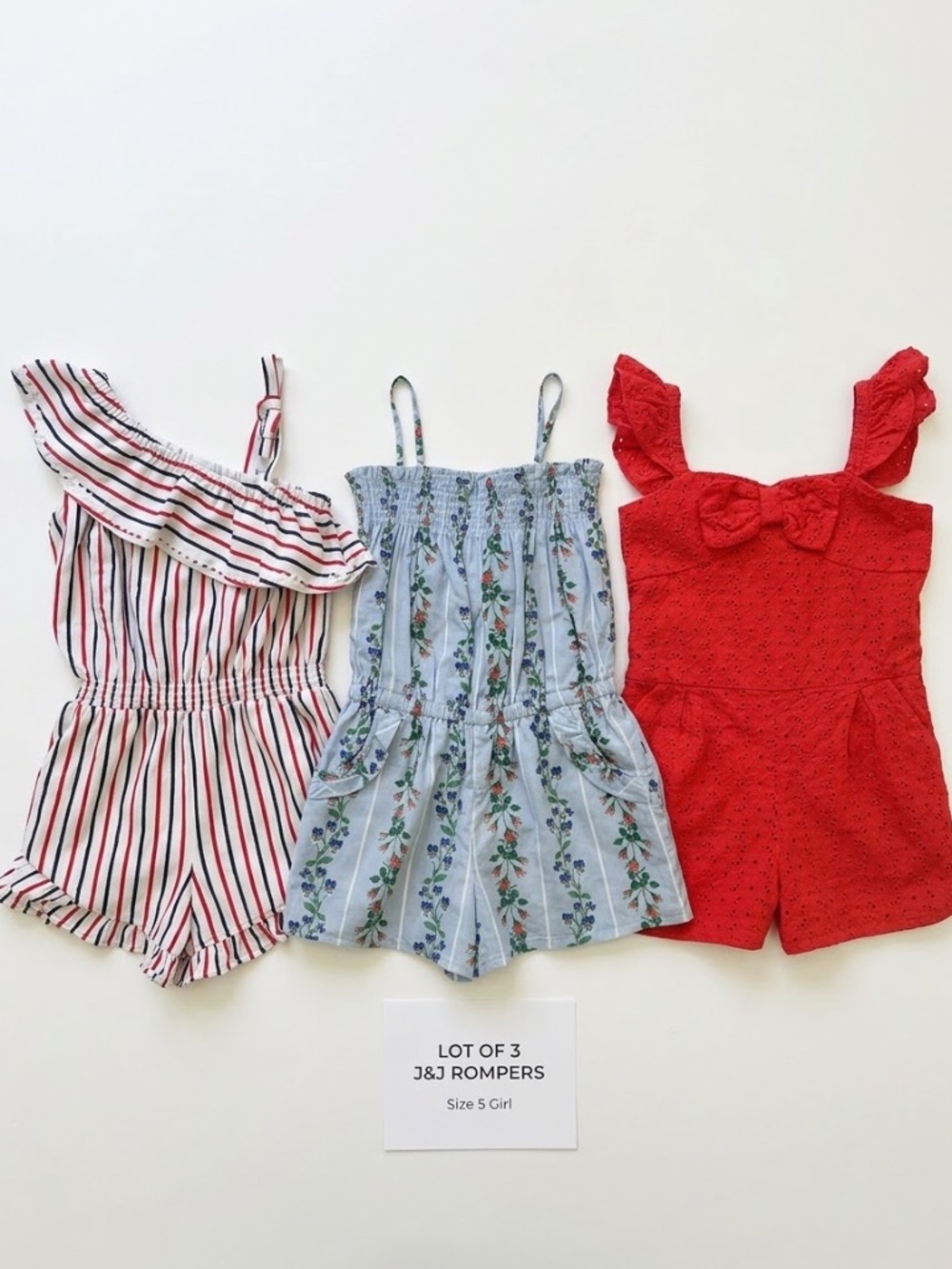 Janie and Jack Girls Size 5 Romper Lot (3 Pack) - Floral, Eyelet & Striped